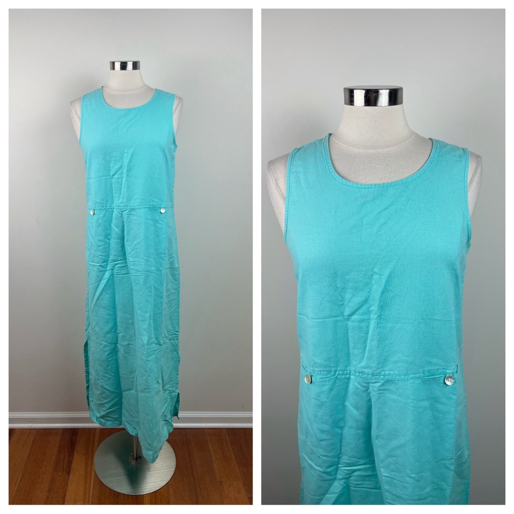 Susan Bristol Casual Blue Linen Cotton Long Maxi Dress Women Size Small